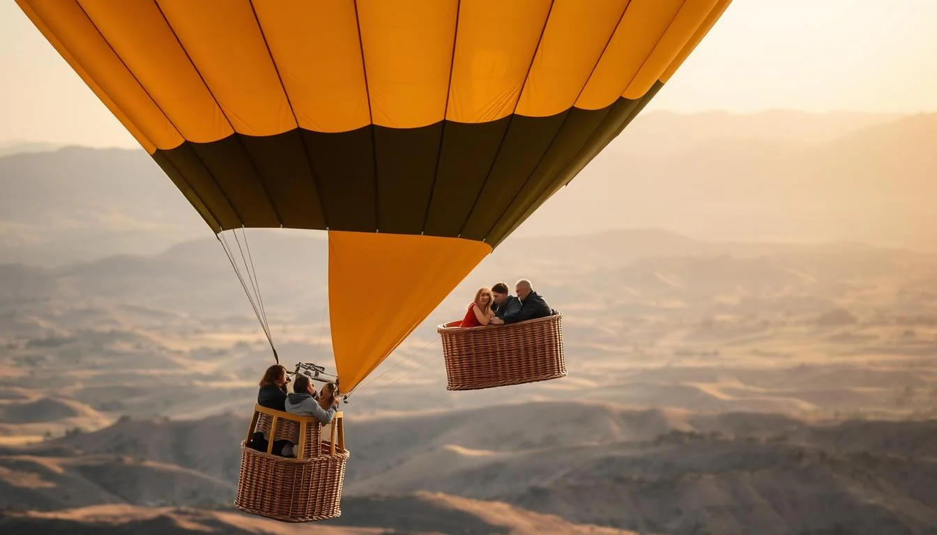 Hot air balloon floating serenely over the vast, golden Dubai desert at sunrise, with other balloons in the distance