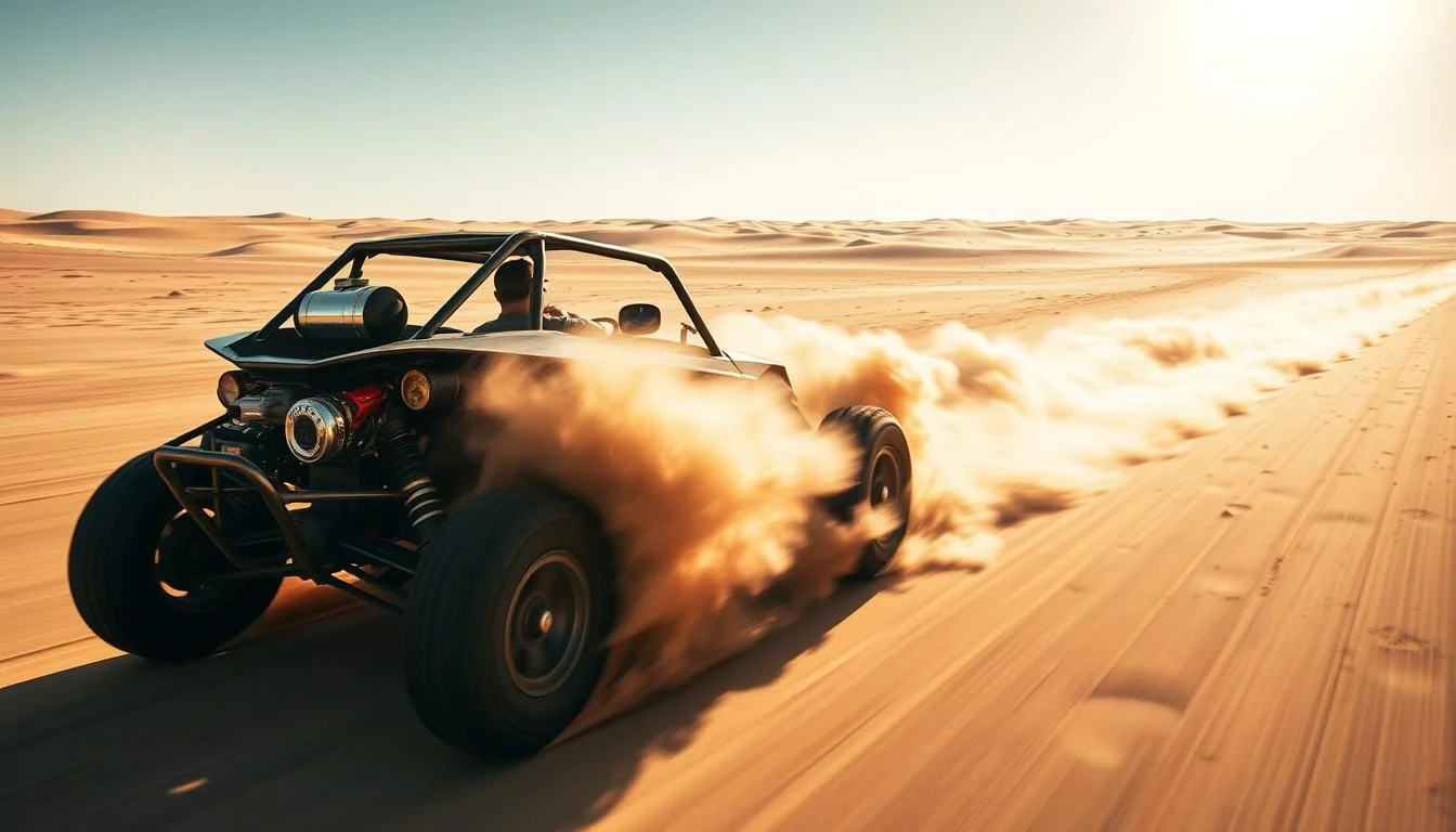 High-performance dune buggy speeding across vast red sand dunes in the Dubai desert under a bright sun, kicking up sand