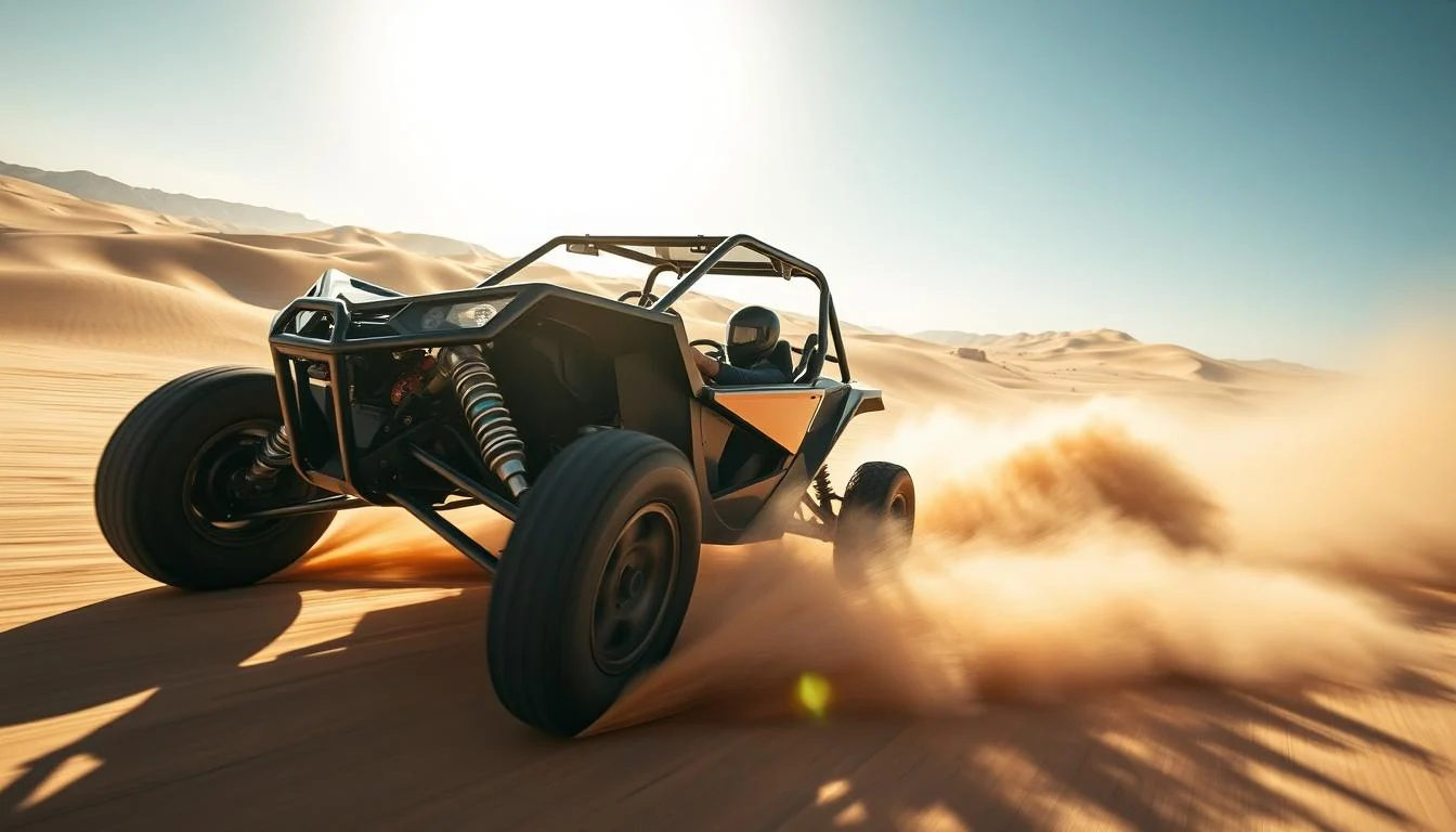 A powerful 650cc dune buggy kicking up sand as it speeds across the vast, open desert landscape of Dubai, showcasing its impressive velocity.