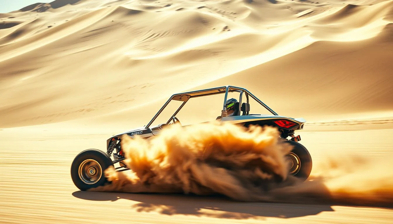 A powerful 400cc dune buggy kicking up sand as it speeds across the vast, red dunes of the Dubai desert at sunset.