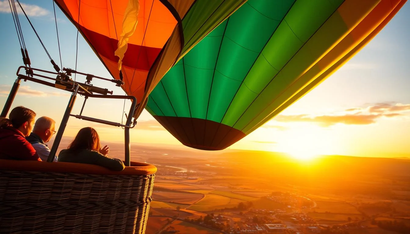 A vibrant hot air balloon with a basket full of tourists floating peacefully over the golden desert dunes of Dubai at sunrise