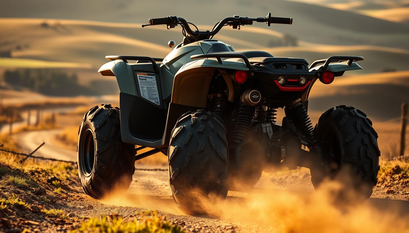 A red quad bike parked on a sandy dune in the Dubai desert, ready for an adventure ride under a clear sky
