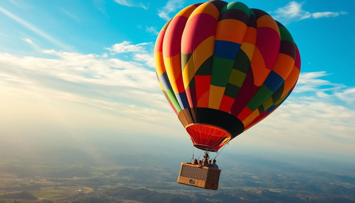 Colorful hot air balloons floating over the vast Dubai desert at sunrise, offering panoramic views to passengers