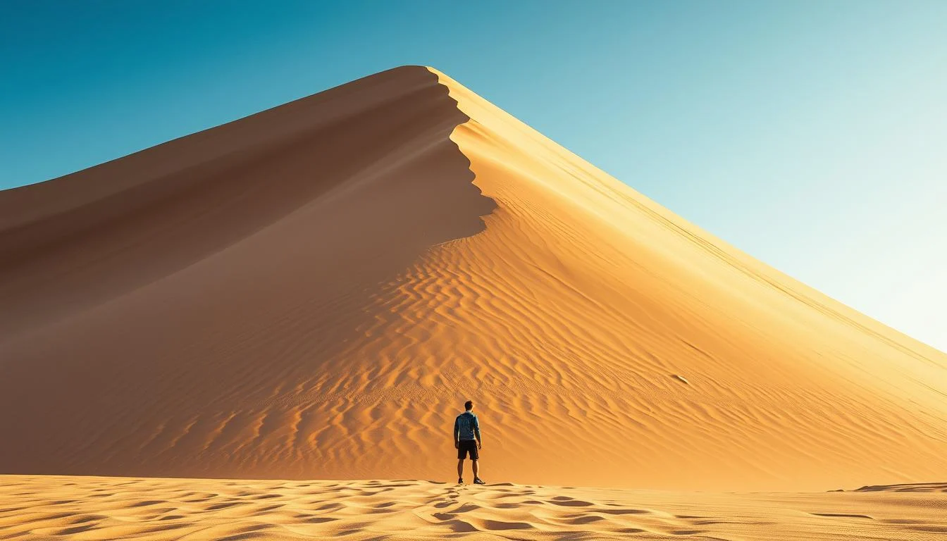 A lone adventurer stands atop the majestic Dune 7 in the Namib Desert, gazing at the vast expanse of sand dunes under a clear sky.