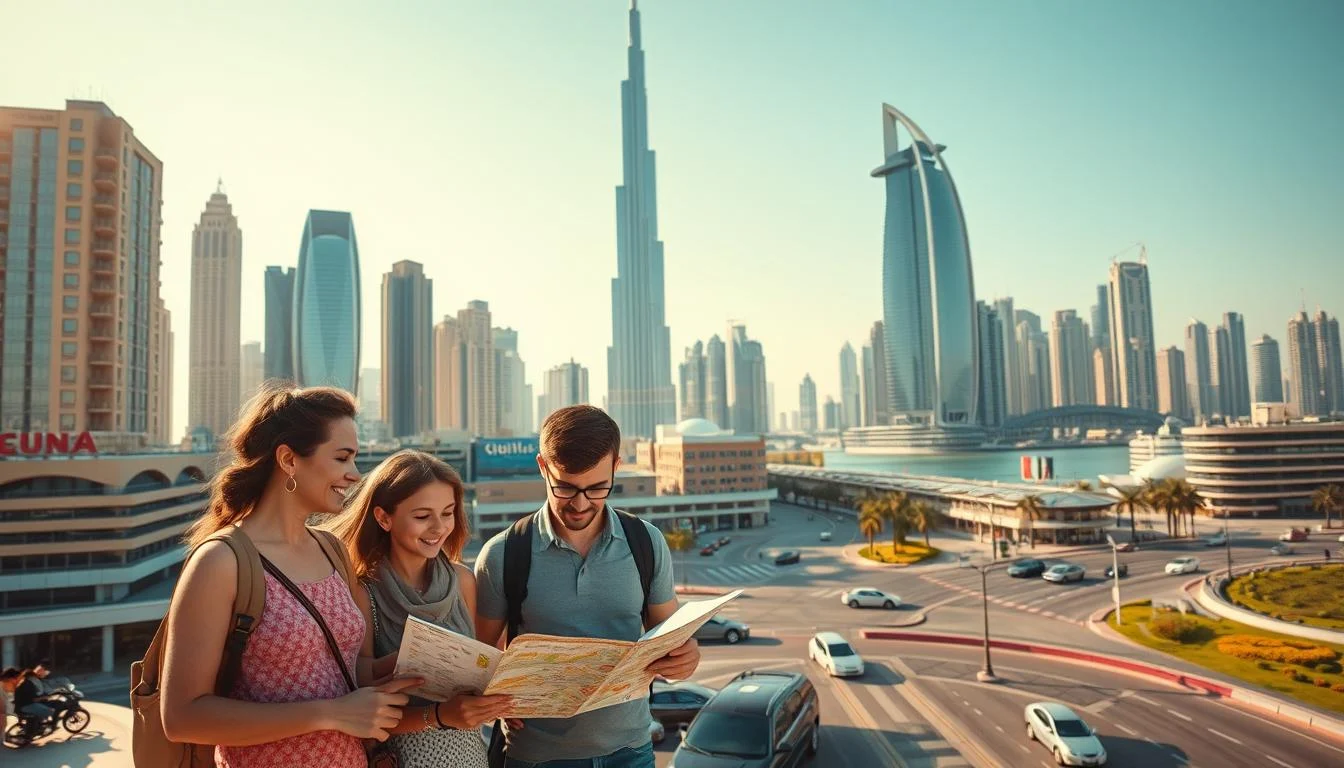 Tourists exploring the modern skyline of Downtown Dubai with the Burj Khalifa towering over the city at sunset