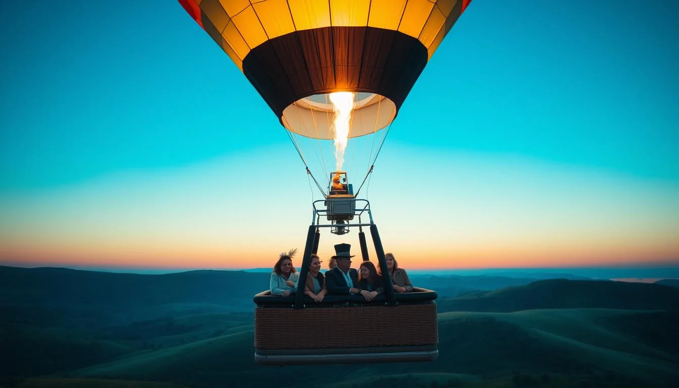 A large hot air balloon with a basket full of passengers floating serenely over the golden sands of the Dubai desert at sunrise