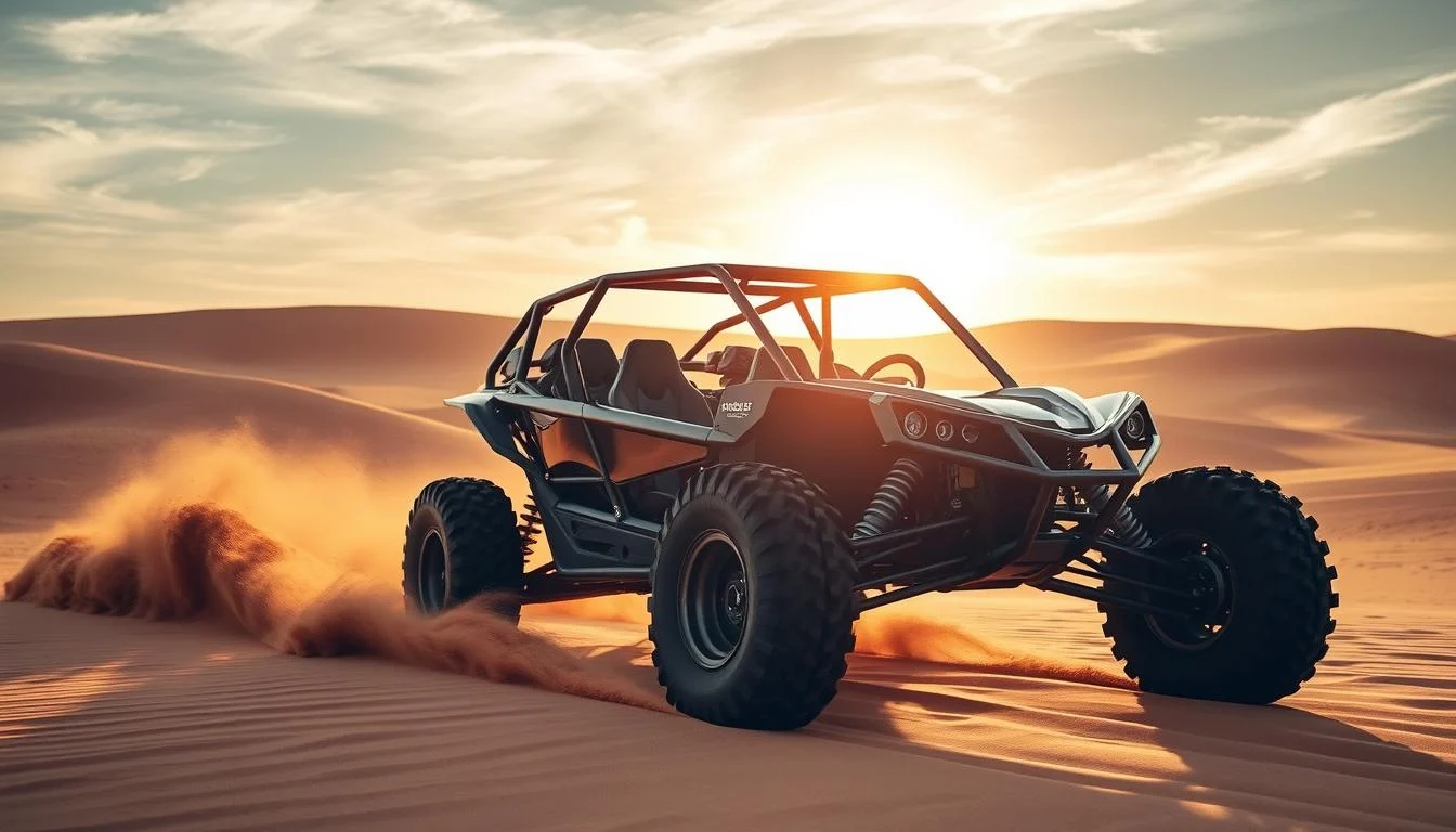 Tourists riding a 4-seater dune buggy across the red sand dunes of Dubai's desert at sunset, enjoying an adventure tour