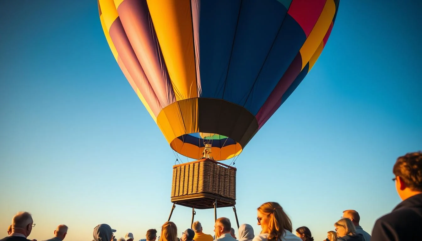 Hot air balloon soaring over a desert landscape at sunrise with other balloons in the distance, showing a beautiful and awe-inspiring adventure.