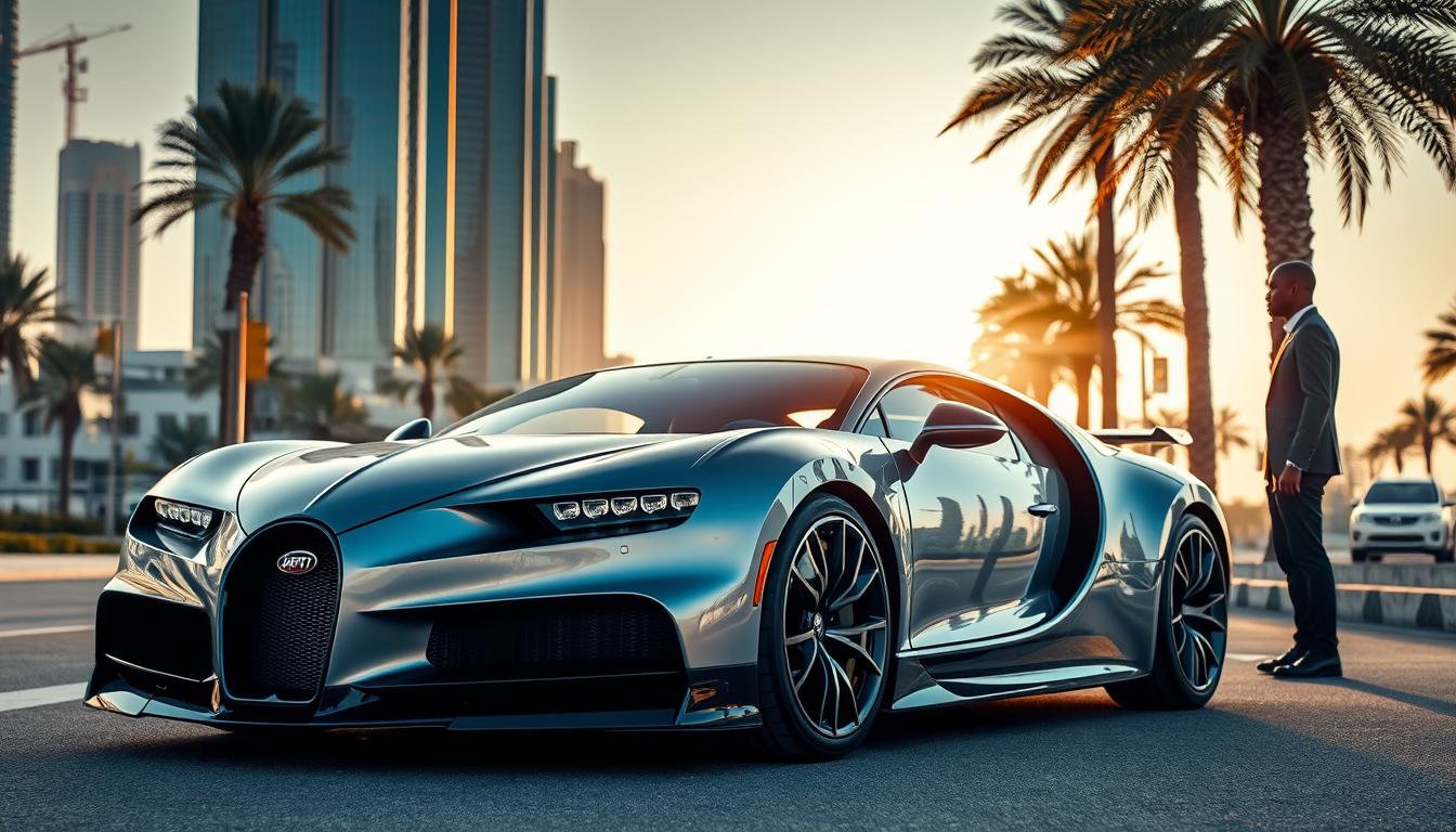 A sleek blue Bugatti Chiron parked elegantly on a modern street in Dubai, showcasing its luxurious design against a city backdrop