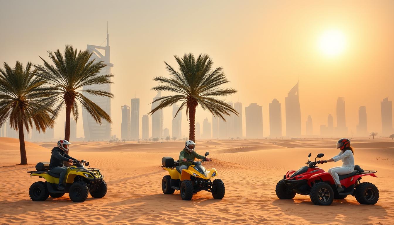 Tourists riding quad bikes across the vast red dunes of the Dubai desert under a clear blue sky, enjoying an adventurous experience