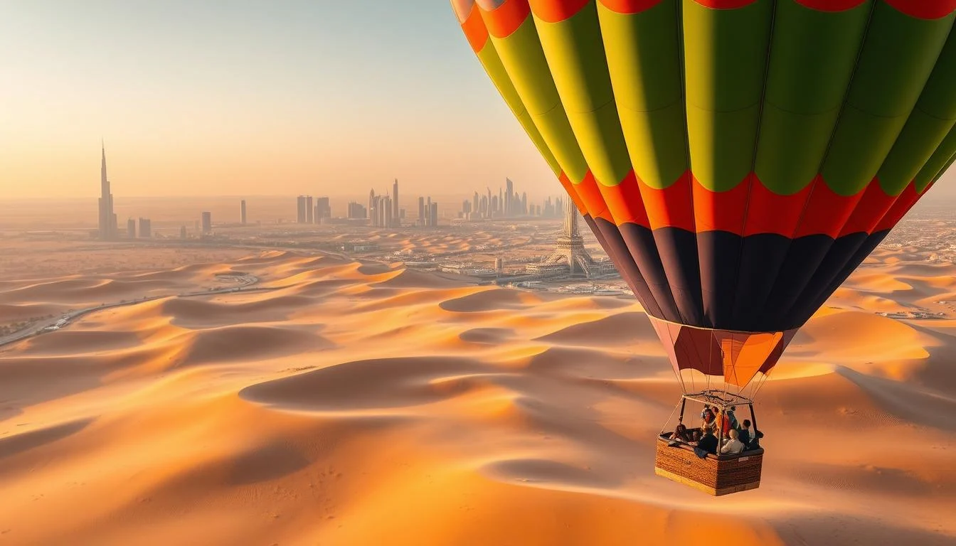Hot air balloons soaring over the vast golden Dubai desert at sunrise, with the sun casting long shadows
