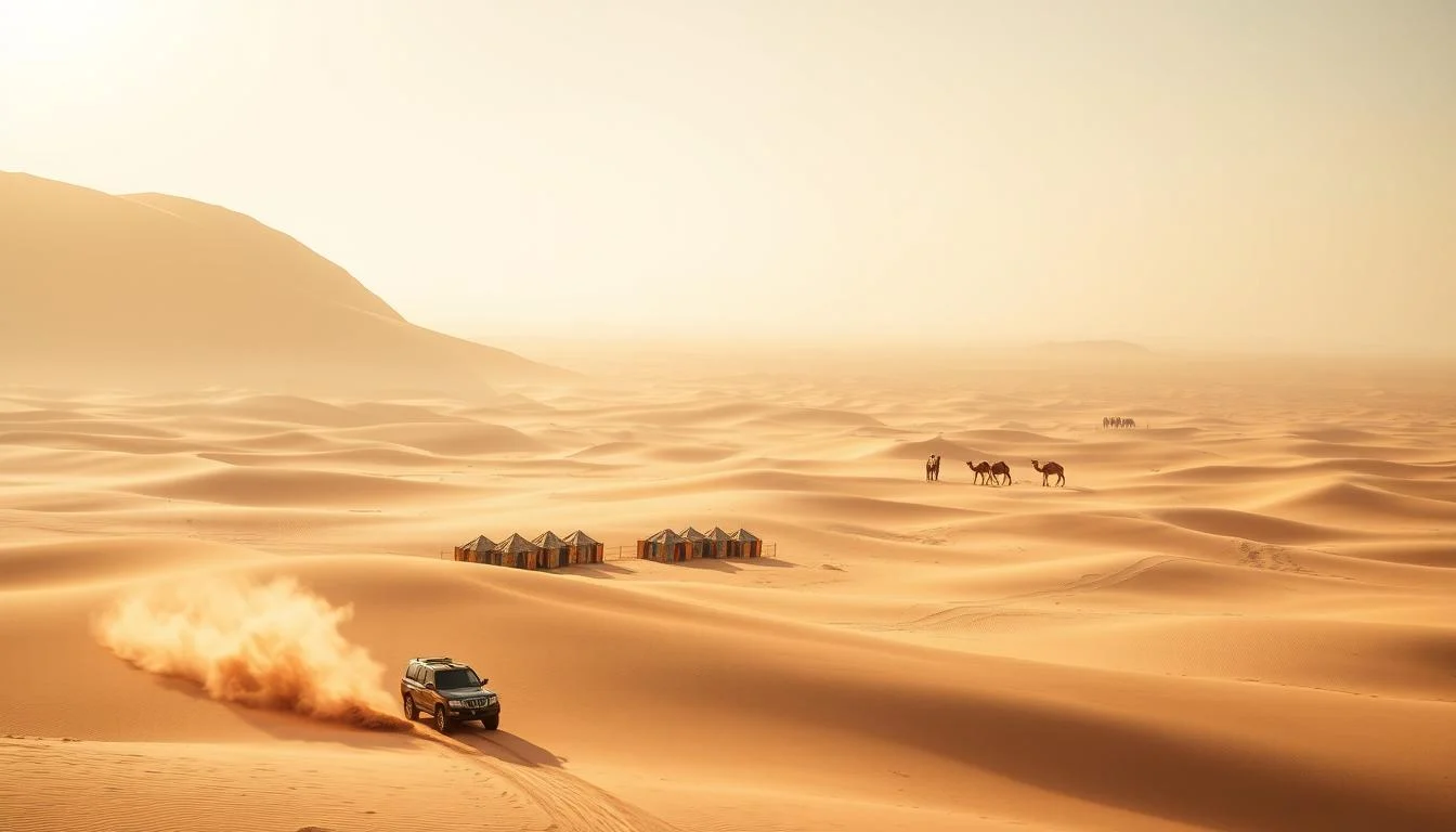Tourists enjoying a thrilling dune bashing experience in a 4x4 vehicle across the vast red dunes of the Dubai desert at sunset