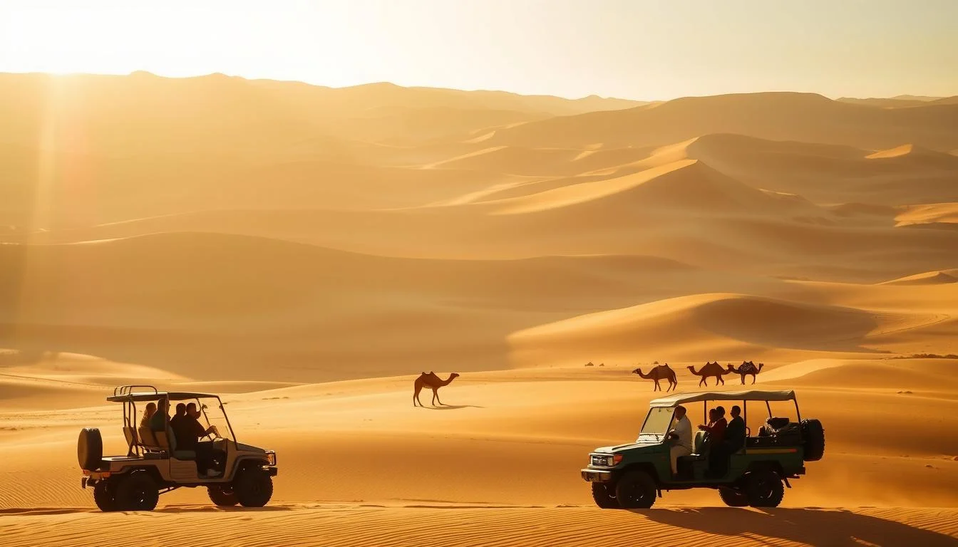 Tourists riding dune buggies across red Dubai dunes at sunset, enjoying a desert safari adventure