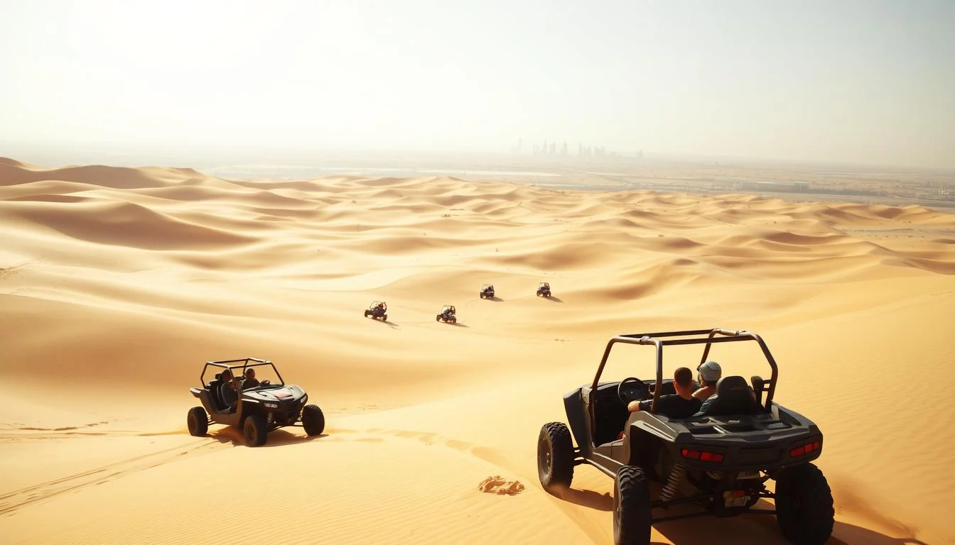 Tourists riding dune buggies across red Dubai dunes at sunset, enjoying the thrill of the desert adventure