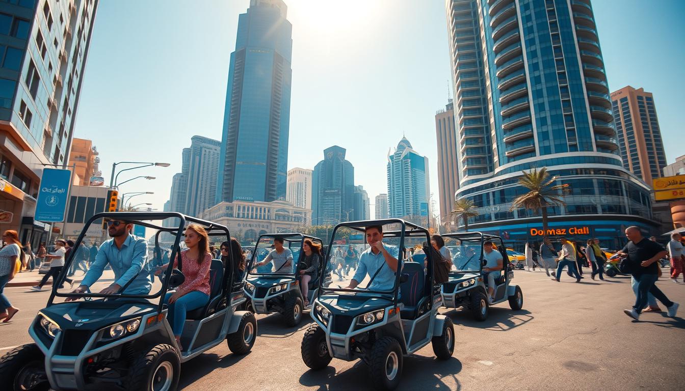 Tourists driving dune buggies through the vast, golden sand dunes of Dubai's desert at sunset, enjoying an adventurous ride