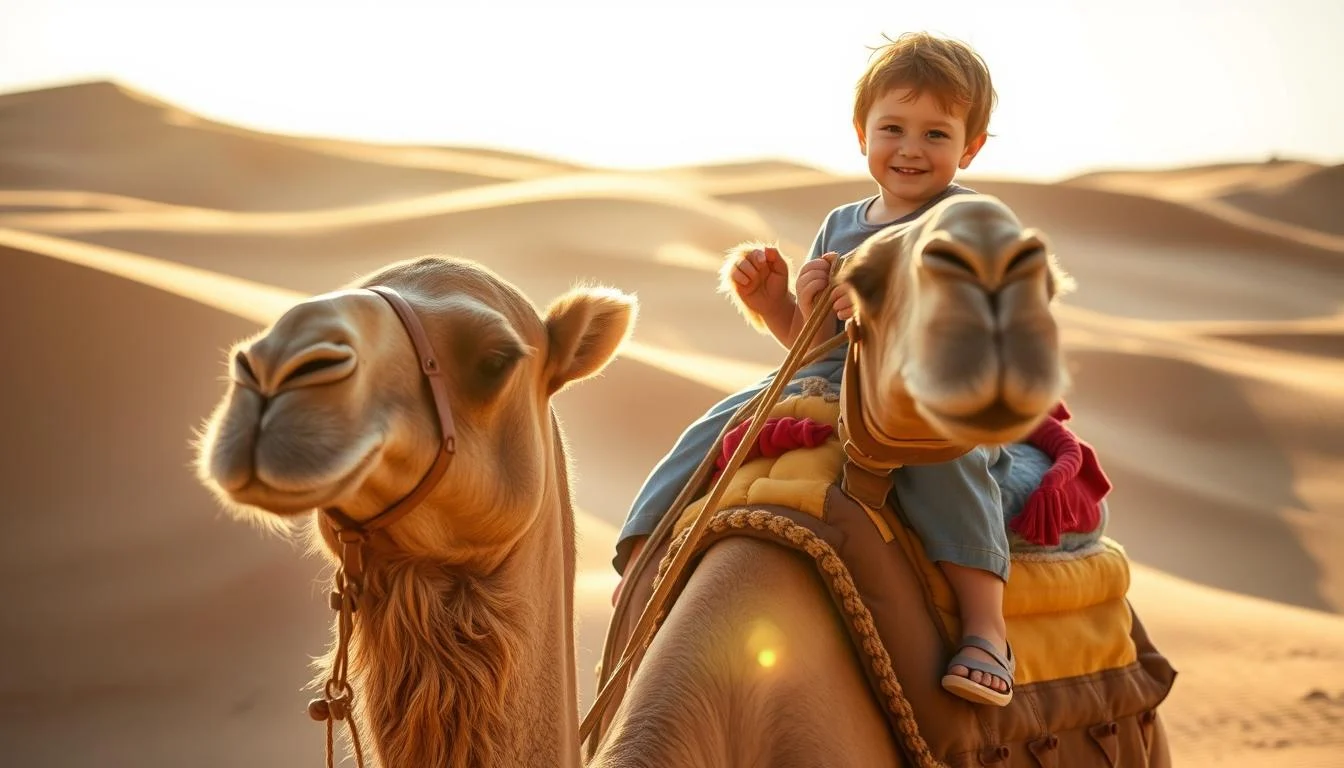 Tourists riding camels across the golden sands of the Dubai desert, with a clear blue sky overhead, experiencing a cultural adventure