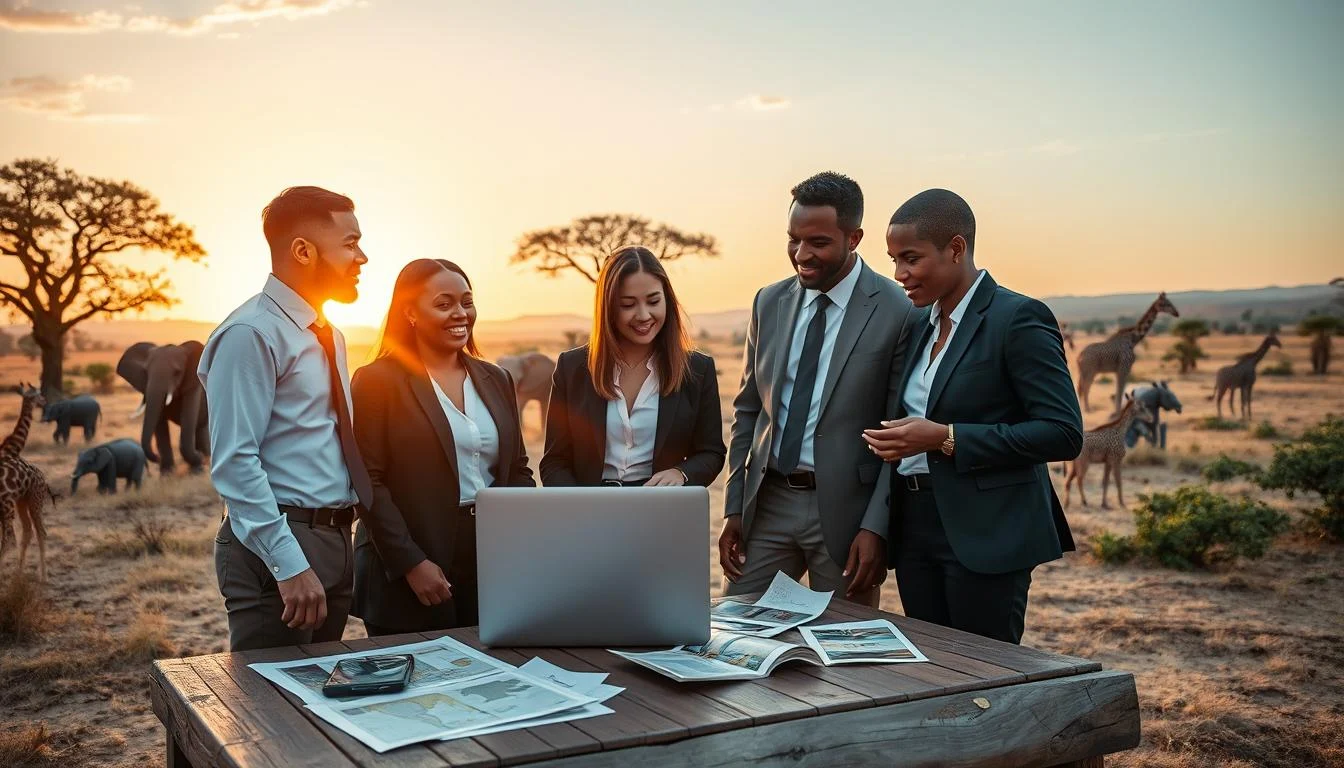 A group of friends enjoying a desert safari, with a dune buggy visible in the background, under a golden sunset in Dubai.