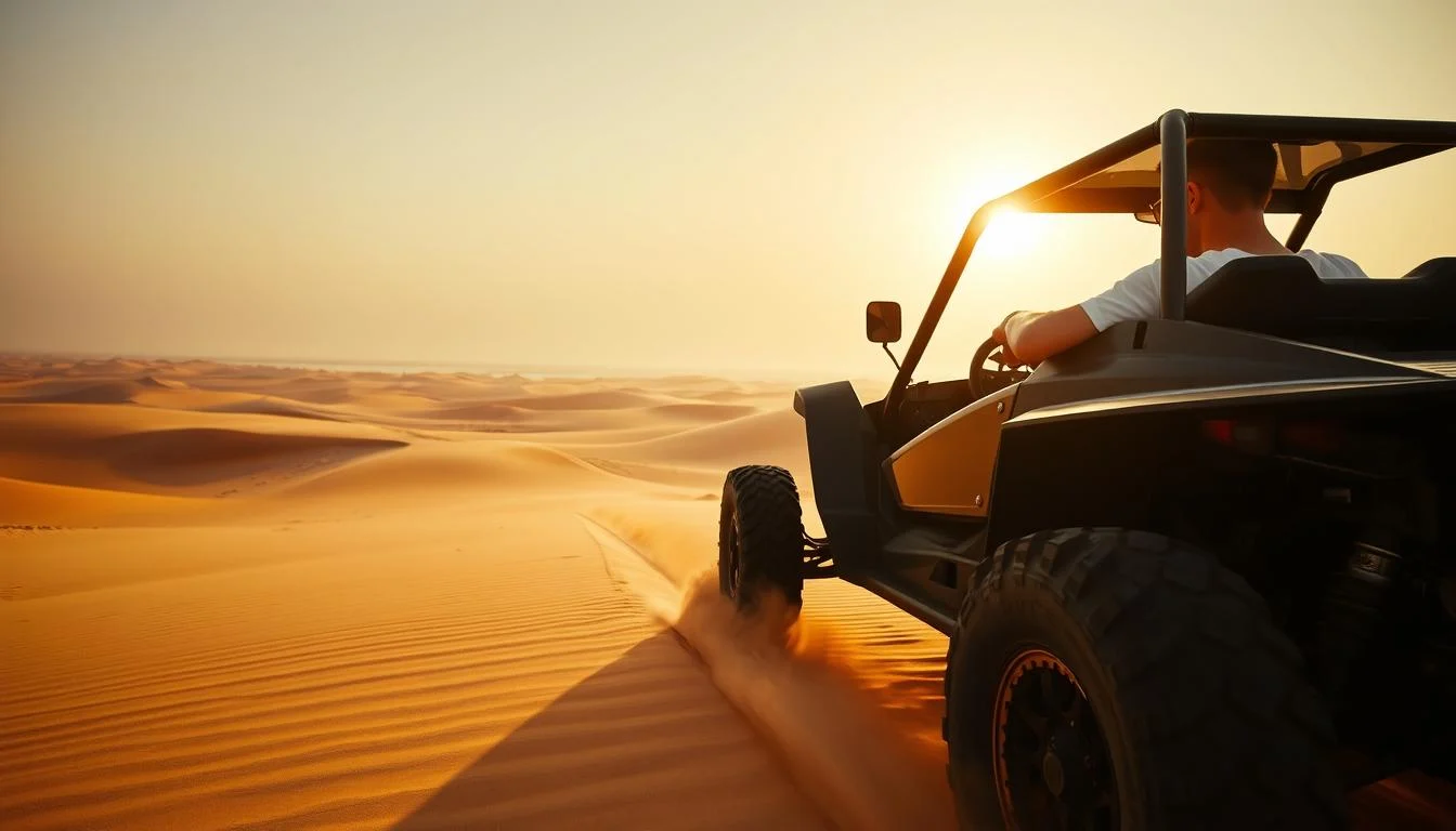 Tourists riding dune buggies across red Dubai dunes at sunset, capturing photos of the golden hour light