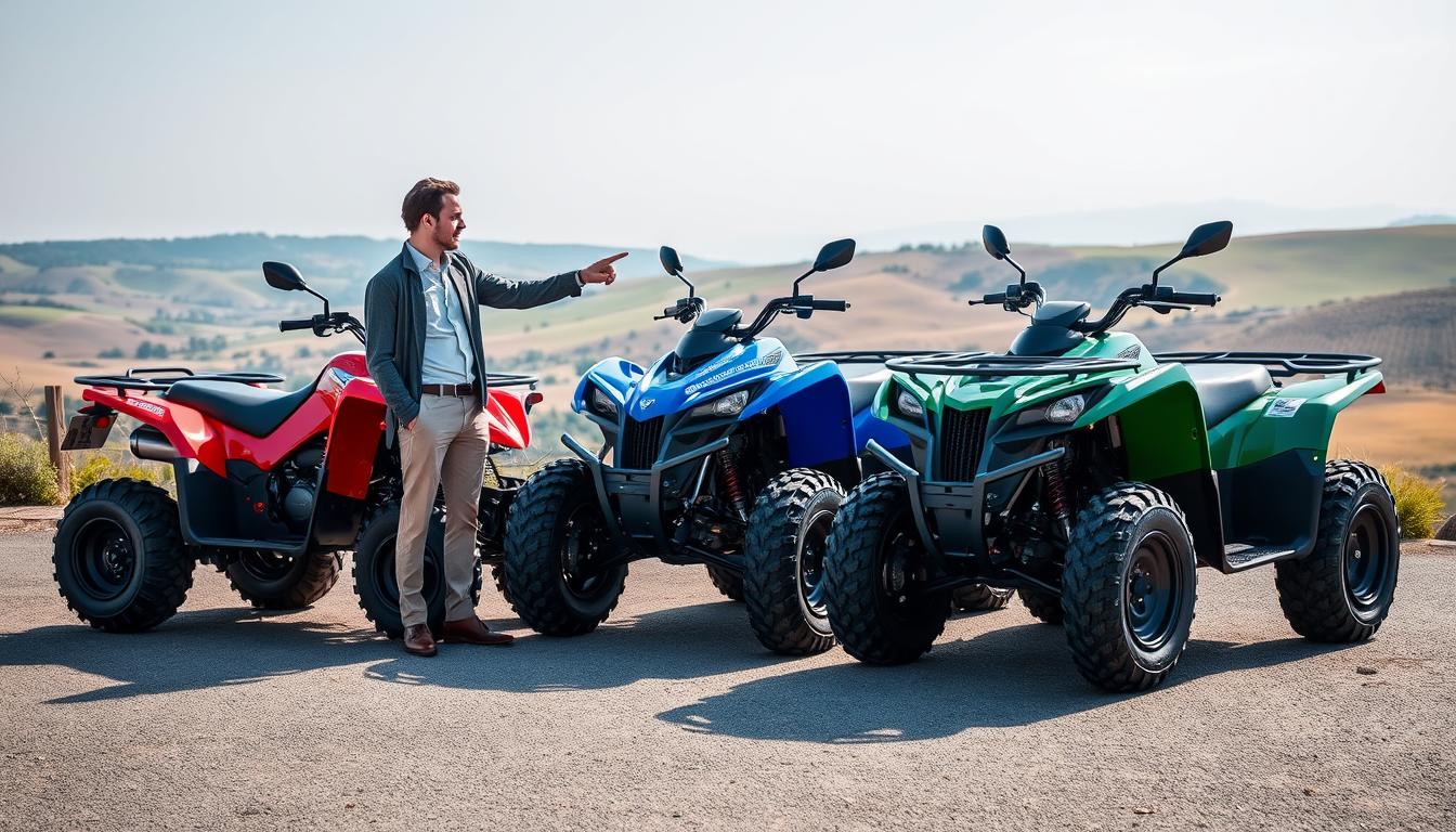 Quad bikes of various engine sizes lined up on a sandy dune in the Dubai desert at sunrise, ready for riders to choose their adventure