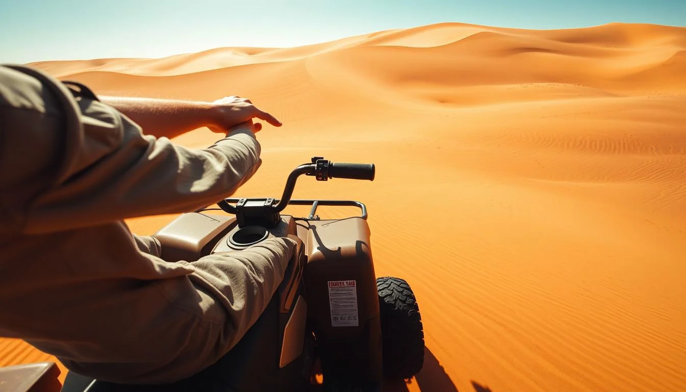 Tourists riding quad bikes across red Dubai dunes at sunrise, practicing control on soft sand