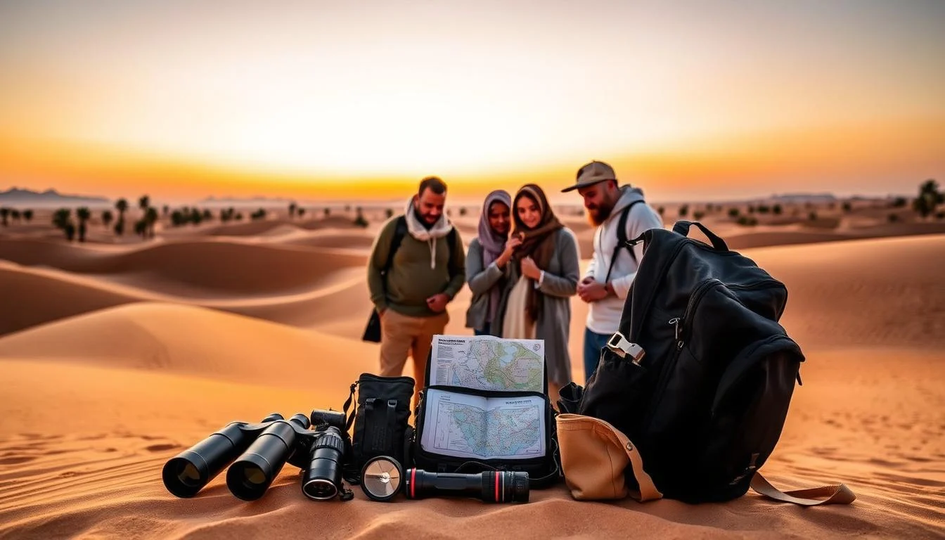 Tourists enjoying an evening desert safari in Sharjah with dune bashing and cultural activities under a sunset sky