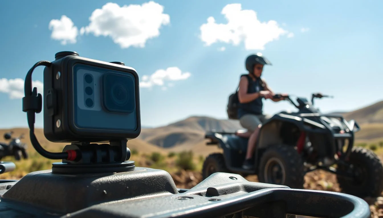 Quad biker in the Dubai desert taking a photo with a protected smartphone, illustrating device safety tips for off-road adventures