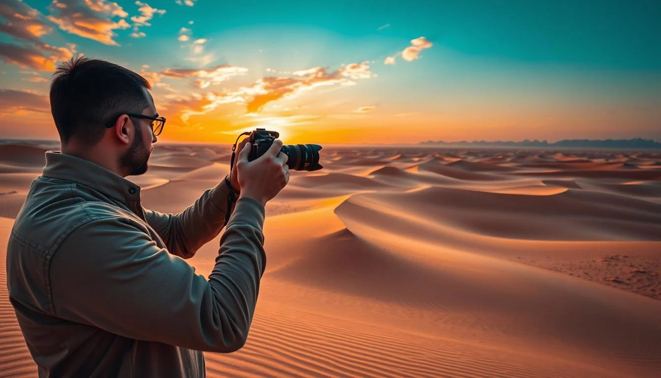 Photographer capturing the warm glow of sunrise over the vast red dunes of Sharjah desert, highlighting the serene landscape