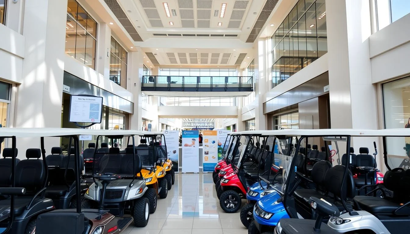 Tourists riding a buggy through the expansive Dubai Mall, showcasing its luxurious interior and numerous shops