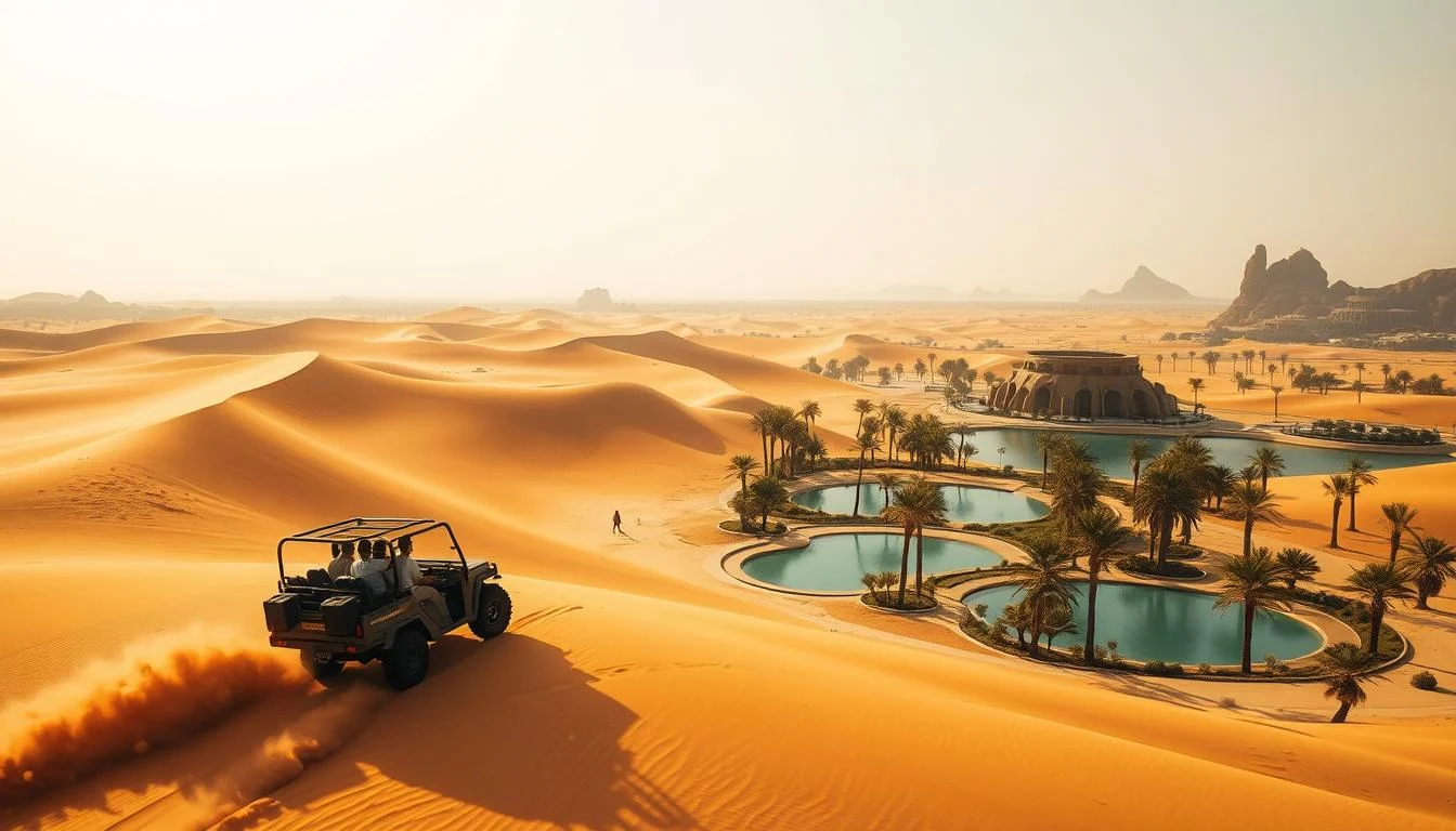 Tourists enjoying a desert safari with dune bashing and camel rides in the golden dunes of the UAE at sunset