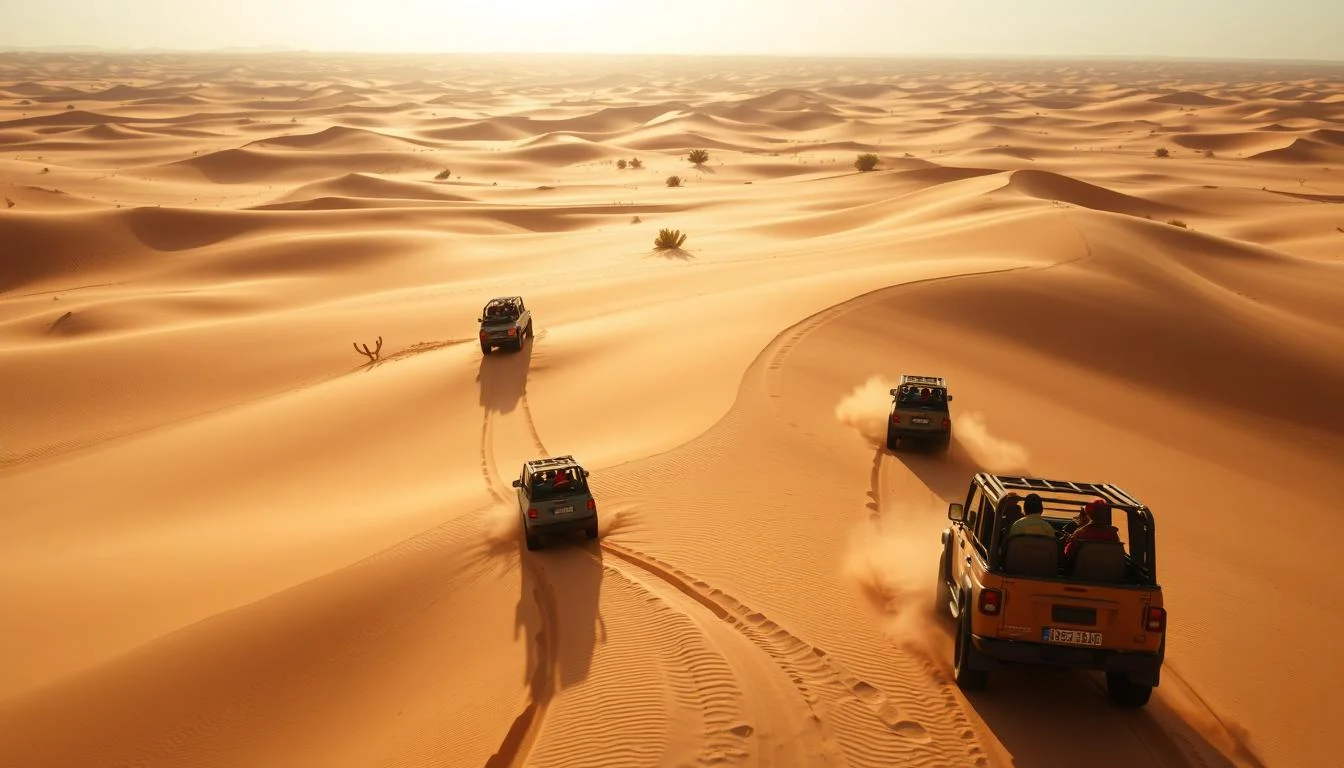 Tourists enjoying a Dubai desert safari with golden dunes and a warm sunset in the background, highlighting the desert's charm