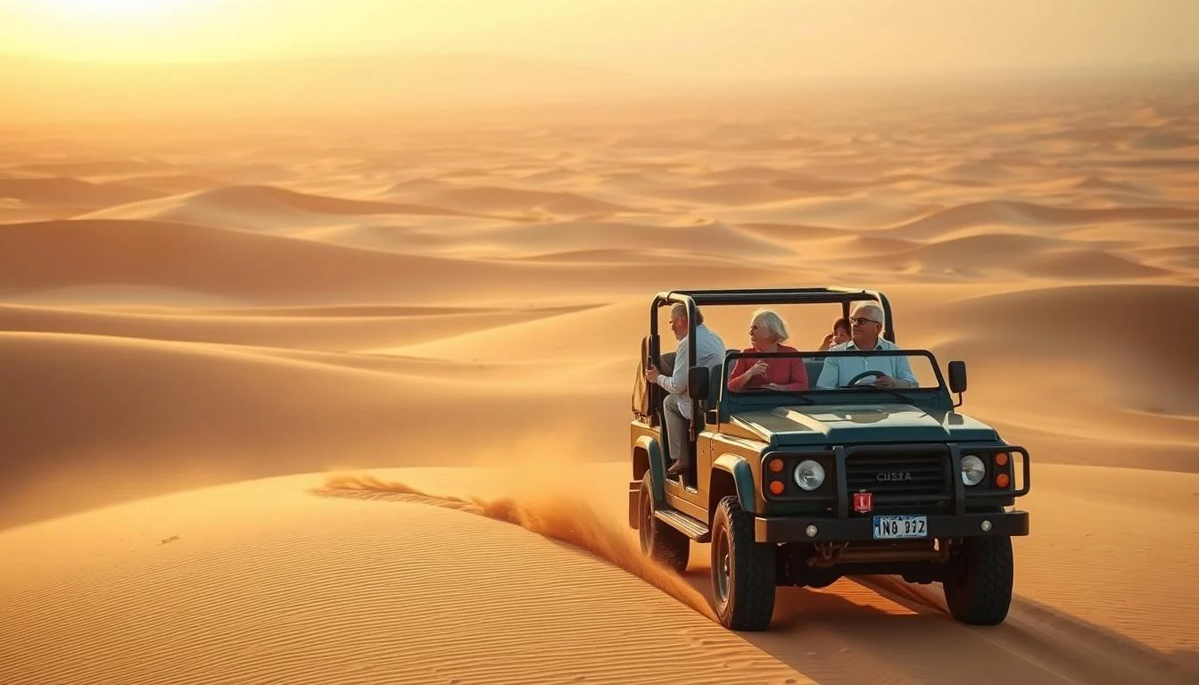 Senior couple enjoying a peaceful camel ride across the golden Dubai desert dunes at sunset, with a guide walking alongside