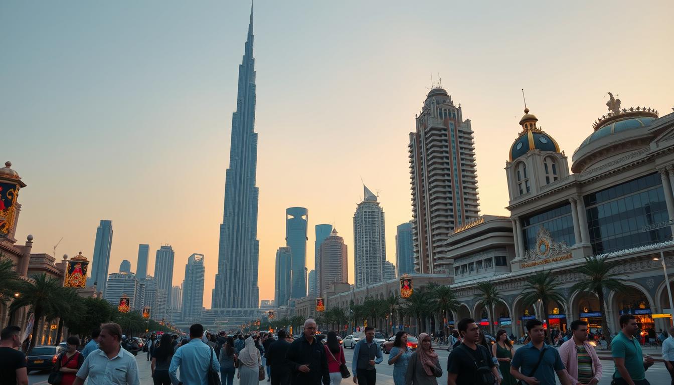 Tourists walking through a bustling Dubai market, respecting local dress codes and cultural norms, enjoying their visit