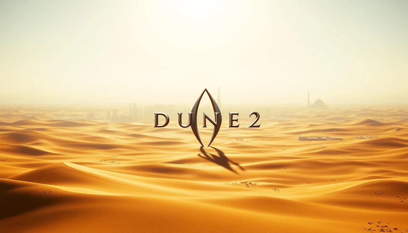 A desert landscape from the game Dune 2, showing vast sandy dunes and a futuristic structure under a dramatic sky, captivating gamers with its immersi