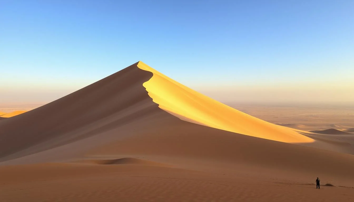 A massive sand dune, Dune 7, towering over the Namib Desert landscape under a clear sky, inviting exploration