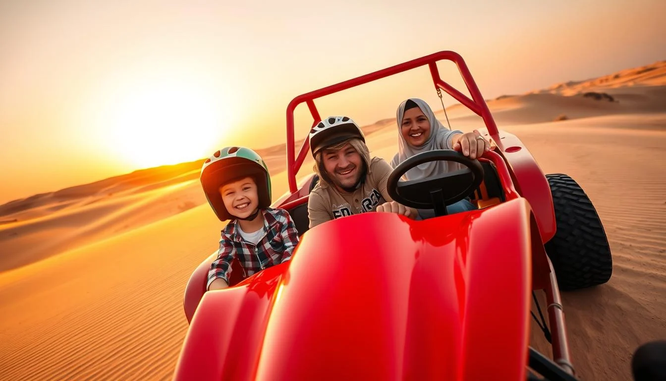 Family with children wearing helmets and goggles, posing in front of a multi-seat dune buggy in the Sharjah desert at sunset