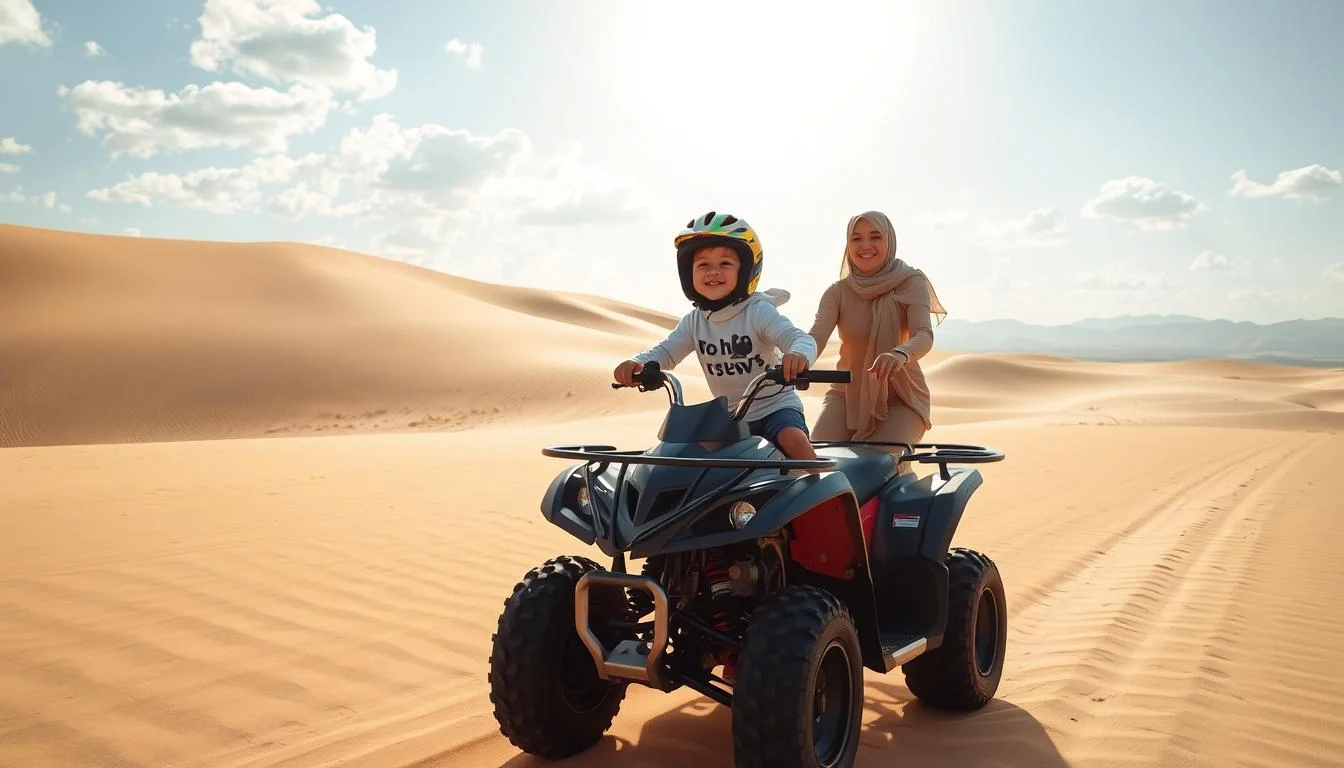 Children wearing helmets and safety gear, riding small quad bikes on a sandy track in Ras Al Khaimah desert with adult supervision