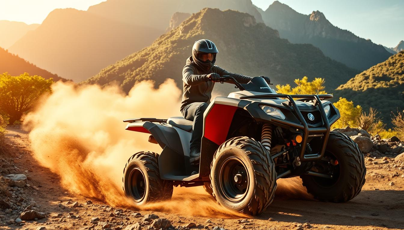 Tourists riding quad bikes across golden sand dunes in the Dubai desert at sunset, enjoying an adventurous off-road experience