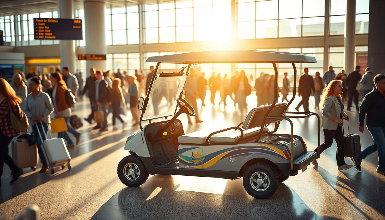 Travelers with luggage and children being transported by an airport buggy inside a modern, spacious terminal