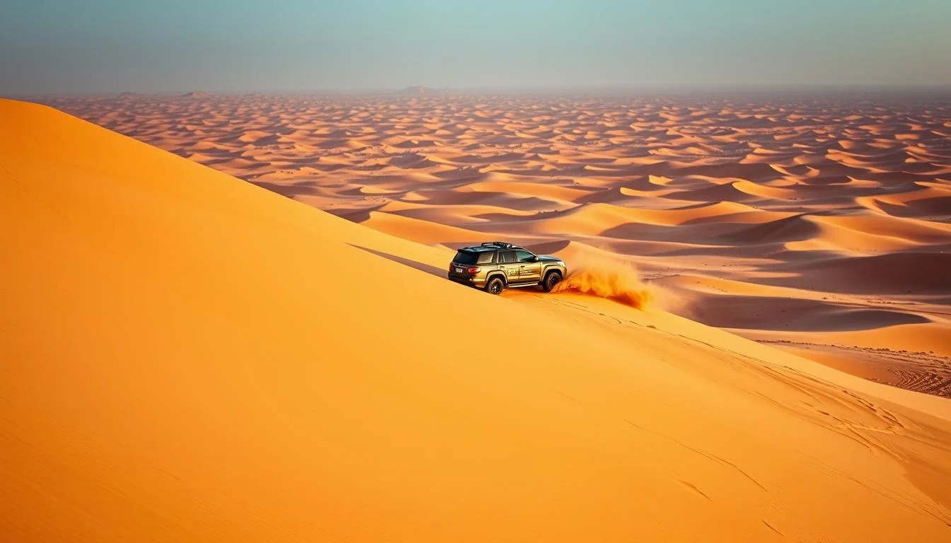 Tourists in a 4x4 vehicle dune bashing across the golden sands of the Dubai desert at sunset, kicking up sand