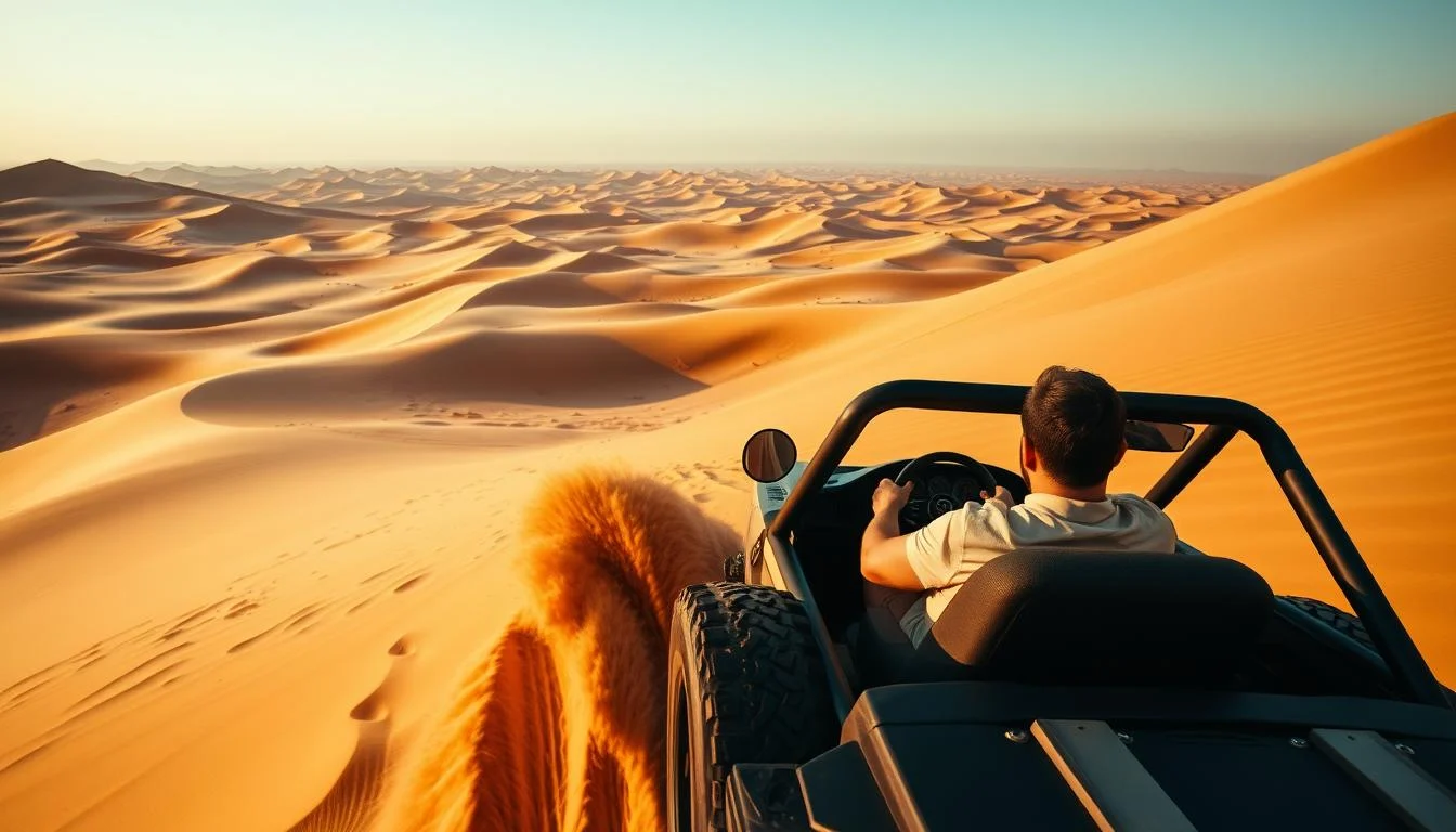 A powerful 4x4 vehicle kicking up sand as it crests a large red dune during a thrilling dune bashing experience in the Dubai desert