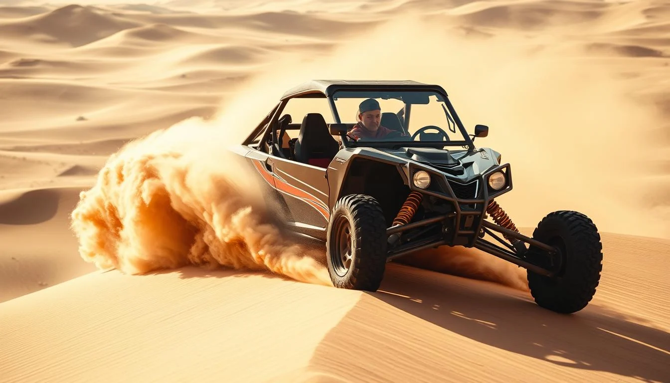 Tourists in a 4x4 vehicle dune bashing across the vast, red sand dunes of the Dubai desert at sunset