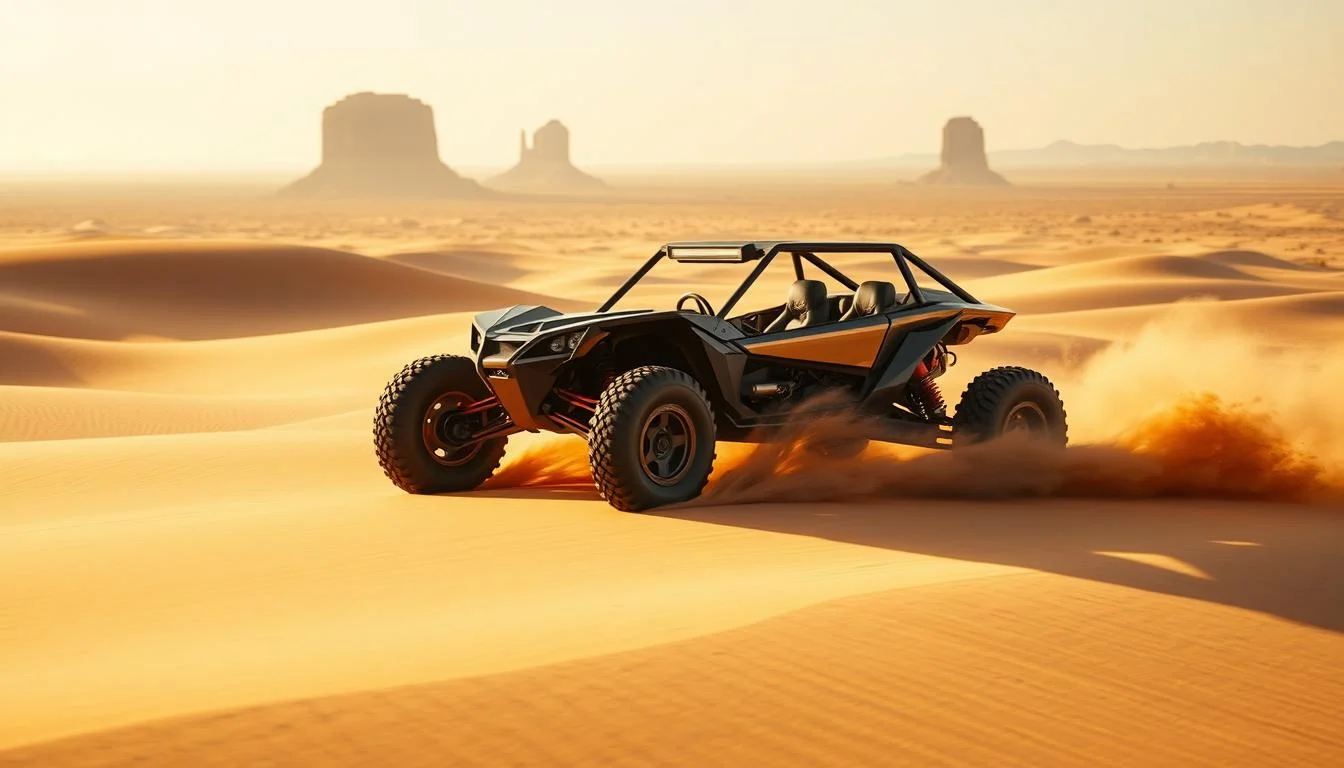 Two tourists in helmets and goggles riding a red dune buggy across the golden sands of the Dubai desert, kicking up sand