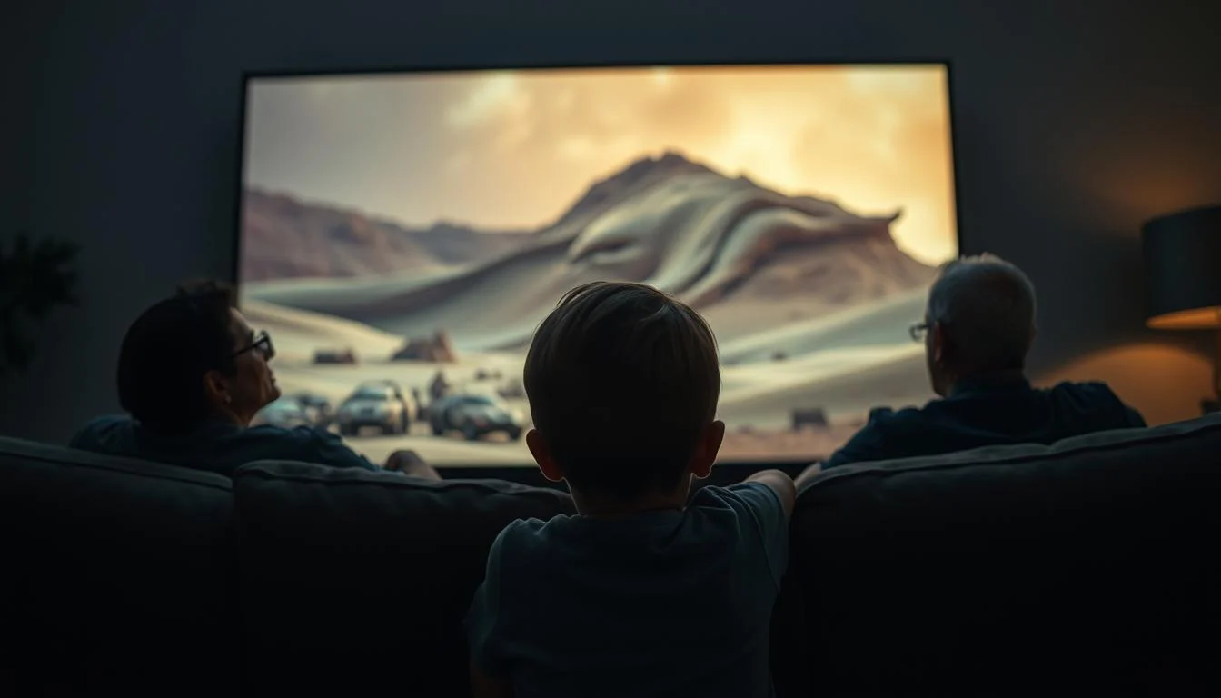 A family watching a movie together on a large screen, with popcorn and drinks, considering if 'Dune' is appropriate for all ages.