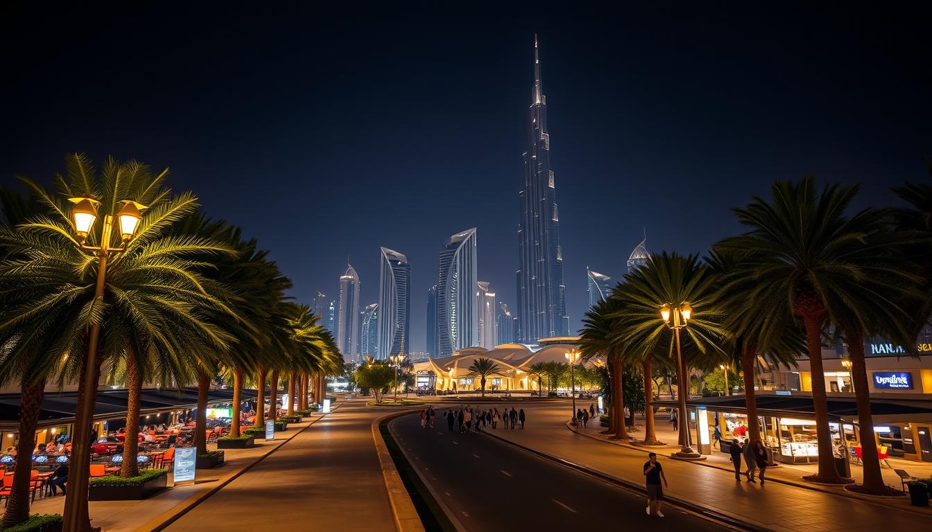 Dubai city lights shining over the marina at night, welcoming visitors to the lively streets of Dubai