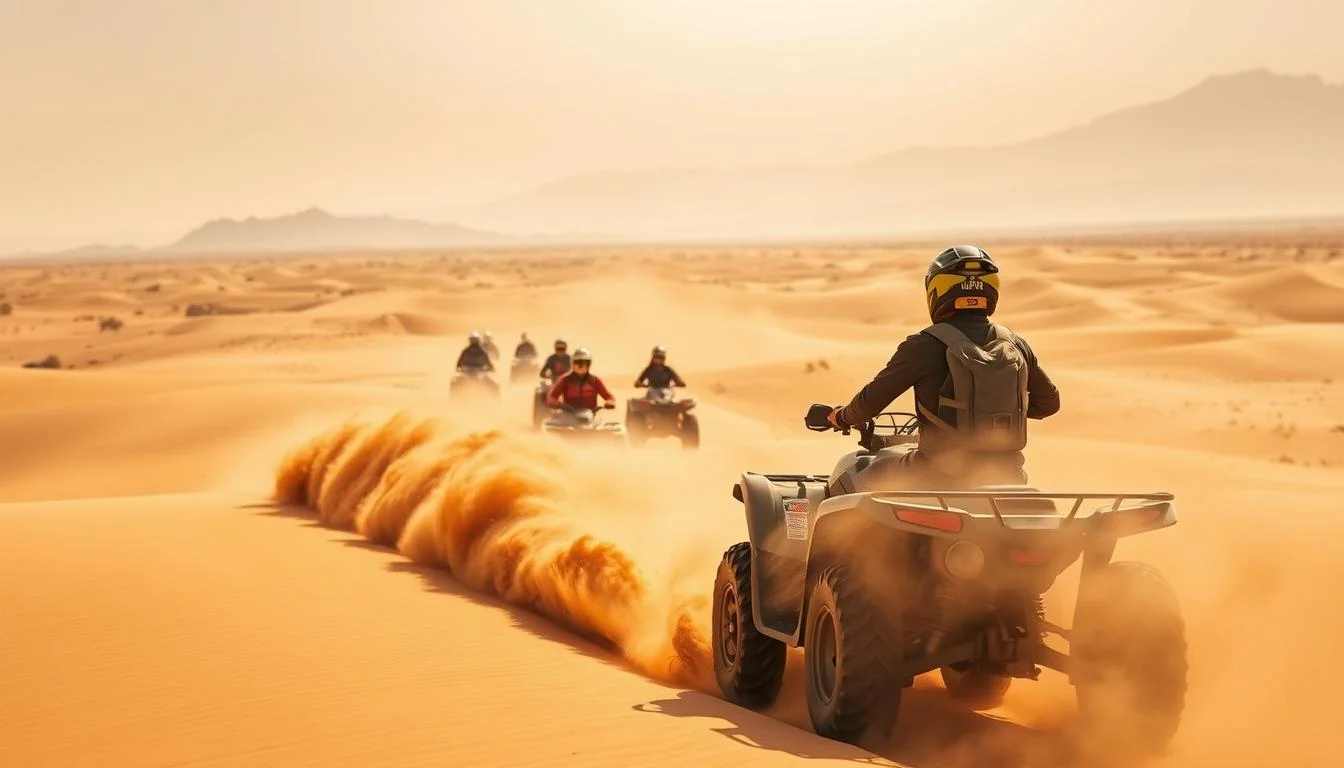 Tourists wearing helmets and protective gear riding quad bikes through the golden sand dunes of the Dubai desert under a clear sky