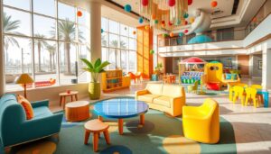 Families enjoying a luxurious swimming pool at a kid-friendly hotel in Dubai, with parents relaxing and children playing in the water