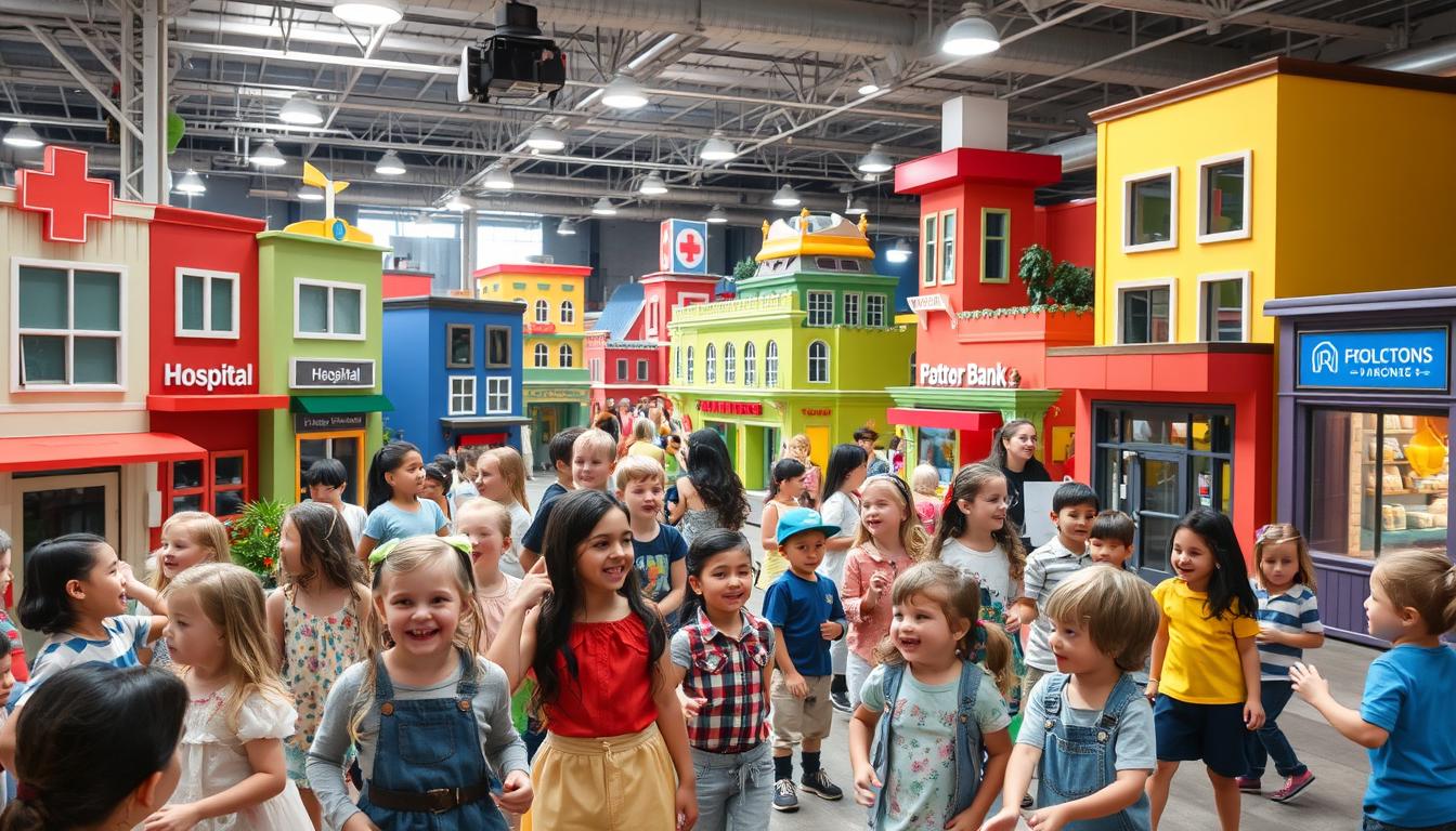 Children role-playing as firefighters and doctors in a miniature city at KidZania Dubai Mall, enjoying interactive learning experiences