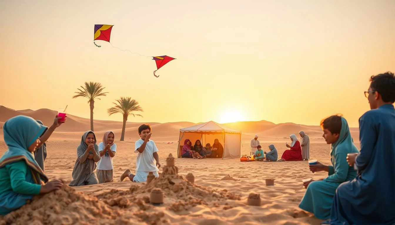 Children playing in soft sand dunes at a Sharjah desert camp, with parents watching nearby, enjoying family-friendly activities
