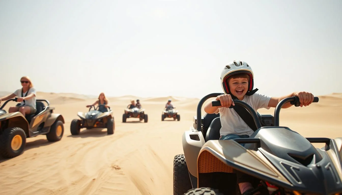 Children wearing helmets and safety gear, seated in a dune buggy with an adult driver, ready for a desert adventure in Ras Al Khaimah