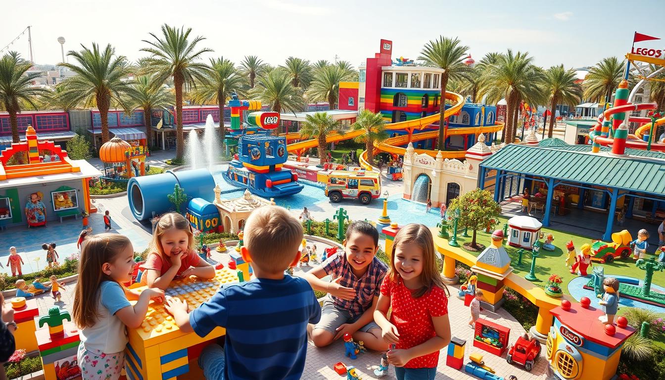 Families with children enjoying various rides and attractions at Legoland Dubai theme park, with colorful LEGO structures in the background